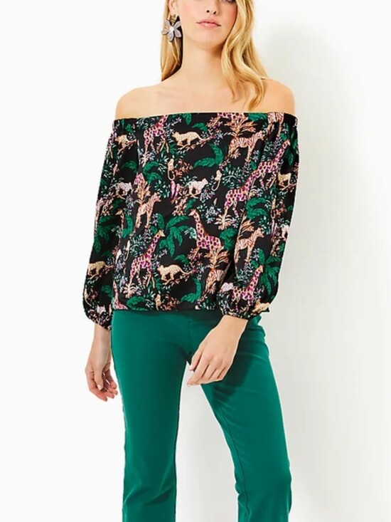 Lilly Pulitzer Tops - Lilly Pulitzer Safari Jungle Giraffe Leopard Off Shoulder Satin Blouse Top XL